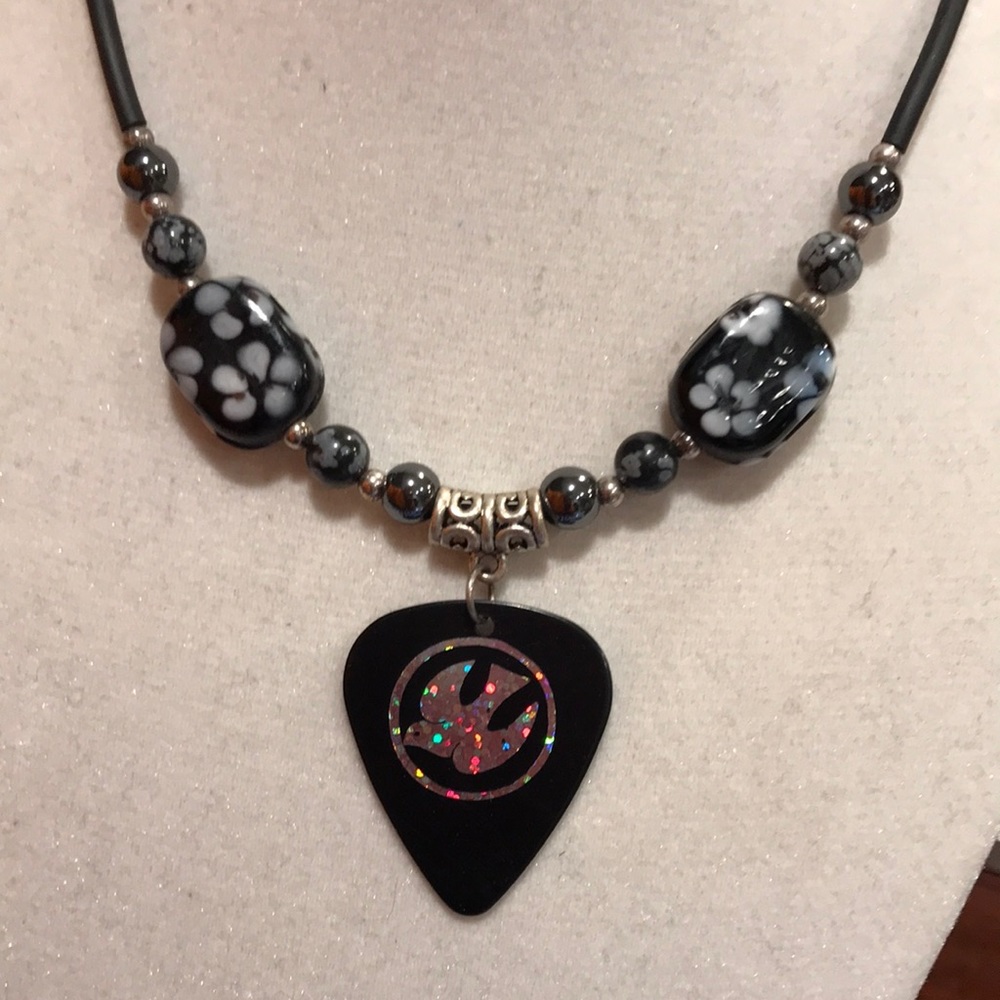 🎸Guitar Pick Wear Black Floral Dove Guitar Pick Necklace 19 inches OOAK!
